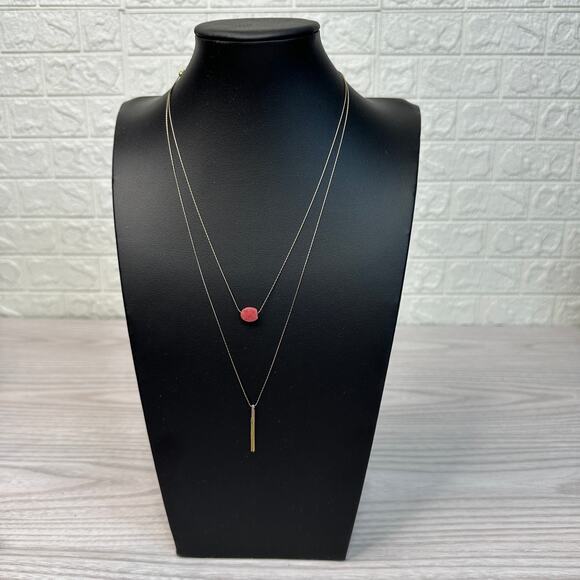 Two Layered Fashion Necklace Gold Tone Red Stone & Gold Chain Pendant Adjustable - Picture 1 of 3